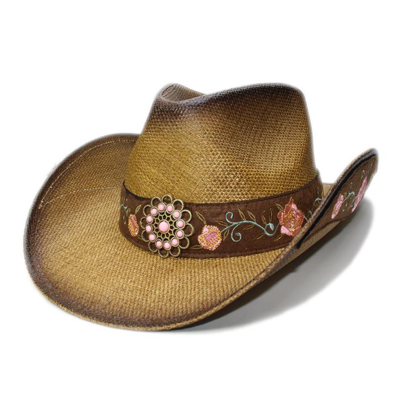 

Cloches Retro Women Men Unisex Vintage High Quality Hard Straw Wide Brim Beach Cowboy Cowgirl Western Hat Turquoise Flower Band 58cm, As pic