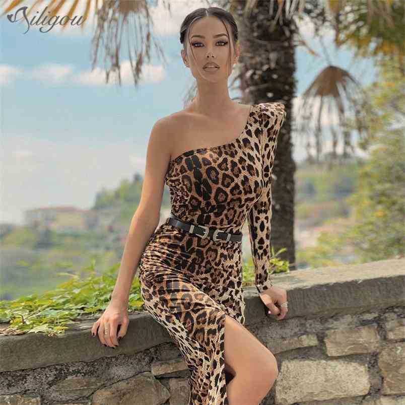 

Leopard Print One Shoulder Sexy Dress Summer Long Sleeve Halter Draping Fashion Ladies Celebrity Party Vestidos 210525, As photos