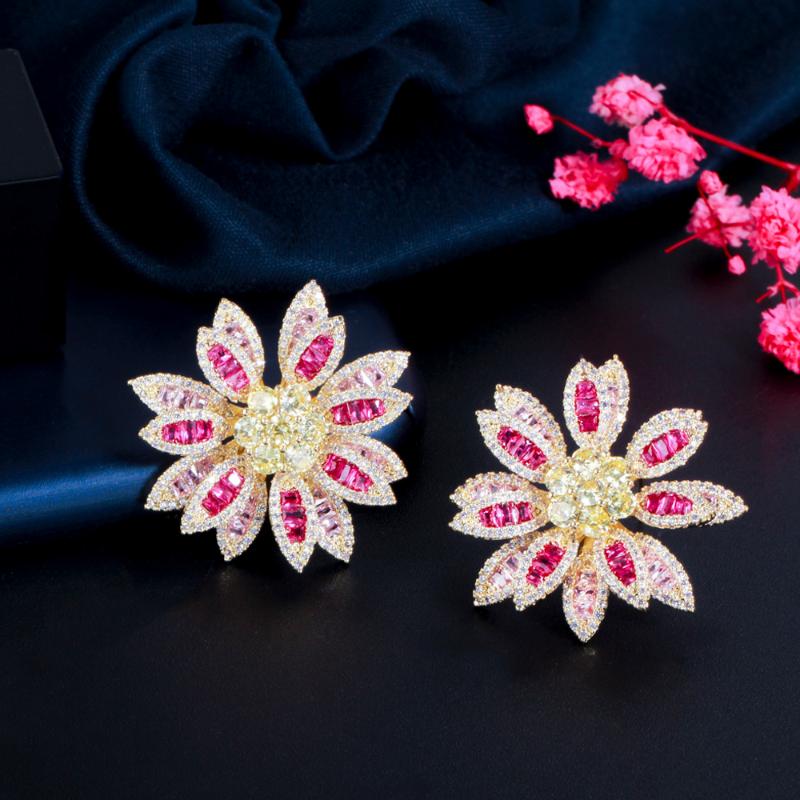 

Stud ThreeGraces Sparkling Red Cubic Zirconia Gold Color Big Delicate Flower Earrings For Women Chic Korean Party Jewelry ER653, Golden;silver