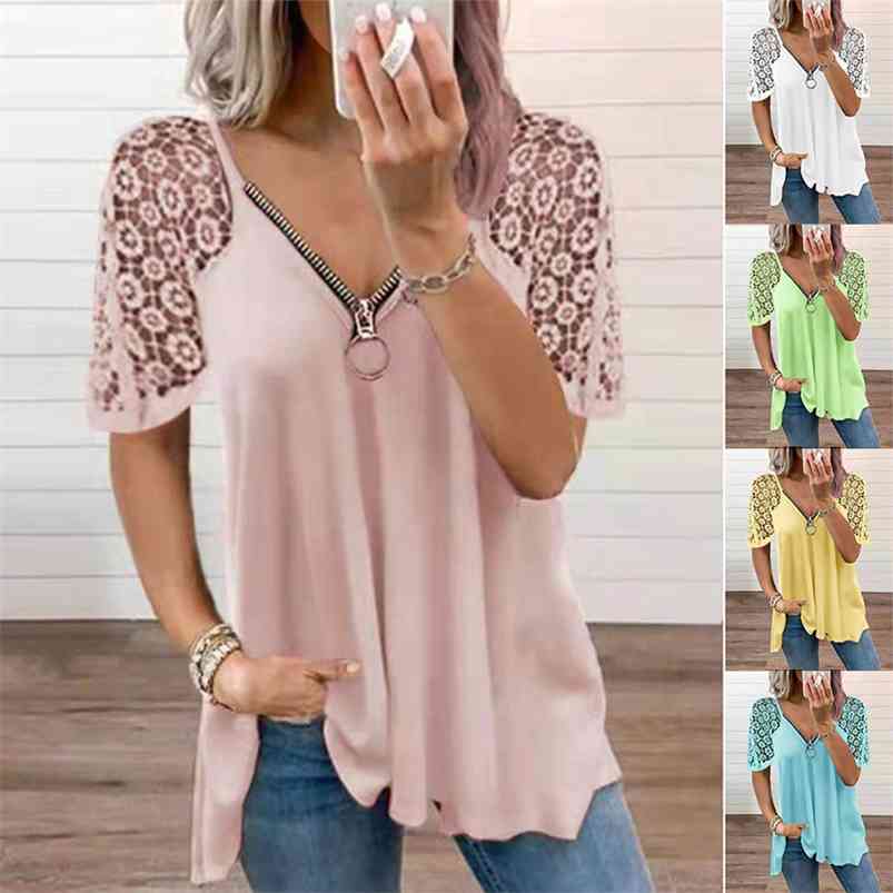 

Lace Patchwork Short Sleeve Shirt Women Summer Sexy Zipper V Neck Casual Elegant T Shirt Fashion Plus Size Solid Loose Top Tees 210722, Sky blue