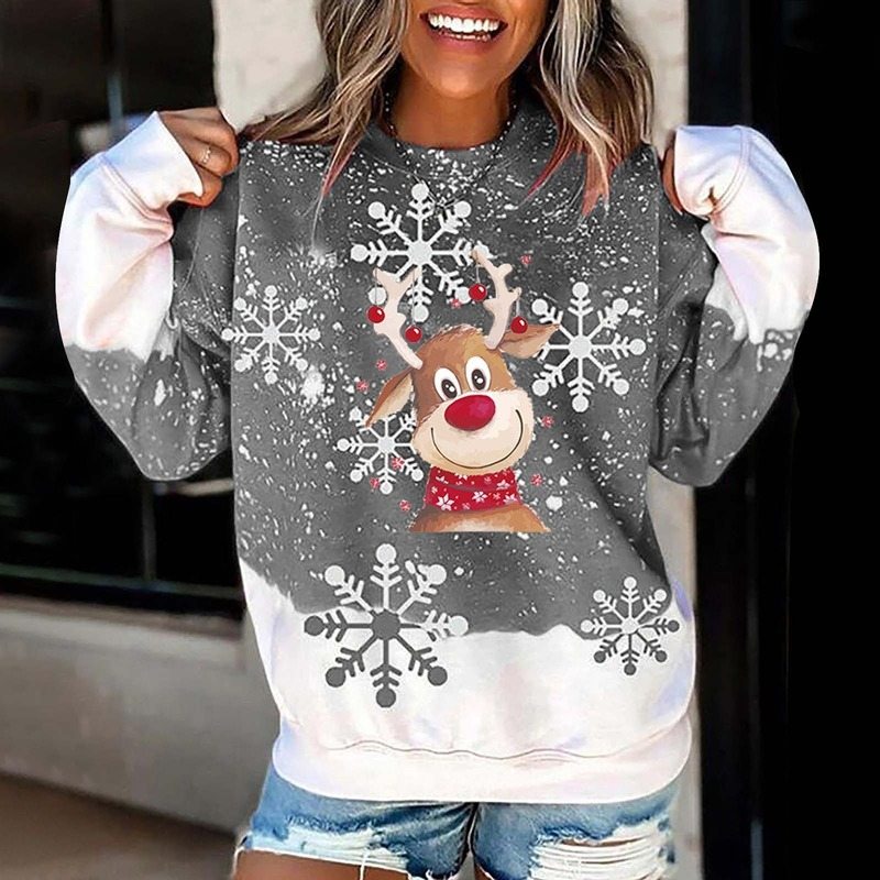 

Christmas Women's Sweatshirts Cartoons Elk Snowflake Printed Xmas Hoodies Top Winter Long Sleeve Round Neck Jumper Clothes Moletom, Black