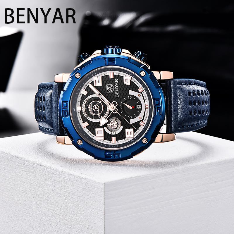 

Wristwatches BNEYAR Top Brand Chronograph Men Watch Waterproof Stainless Steel Quartz 48mm Large Dial Leather Military, Blue