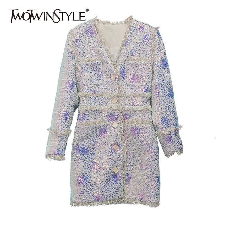 

Casual Patchwork Tassel Coats For Female V Neck Long Sleeve High Waist Sequined Jackets Women Clothing Fashion 210524, As picture