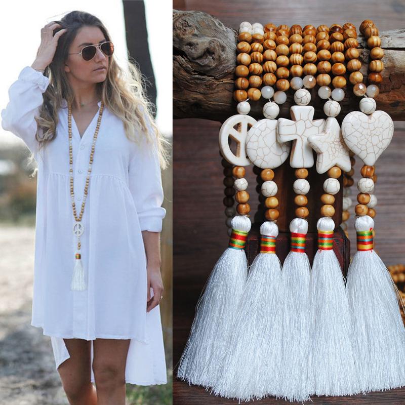 

Lockets Handmade Wooden Bead Ethnic Style Sweater Chain Female Long White Line Tassel Necklace Turquoise And Flat Standard Pendant, Silver