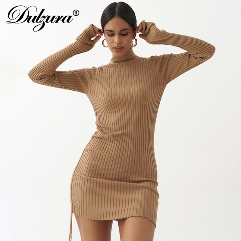 

2021ribbed stripe women mini dress dstring ruched lace up long sleeve bodycon bandage party elegant autumn winter, Black;gray