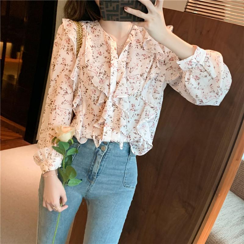 

Women' Blouses & Shirts Floral Chiffon Shirt 2021 Spring And Autumn Style Ruffled Loose Long-sleeved Women Blouse Vintage Clothes Top Mujer, Apricot
