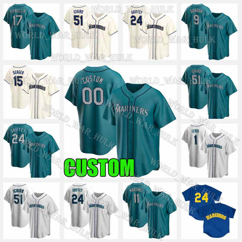 

Mariners Jersey Custom Seattle 1 Kyle Lewis 24 Ken Griffey Jr. Ichiro Suzuki Seager 12 Evan White 20 Daniel Vogelbach 22 Luis Torrens, Custom retro(shuishou)