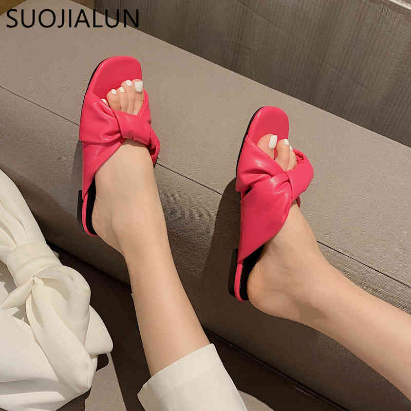 

SUOJIALUN 2021 New Brand Women Slipper Fashion Bow-kont Sandal Shoes Ladies Flat Heel Round Toe Slides Summer Outdoor Flip Flop K78, Beige