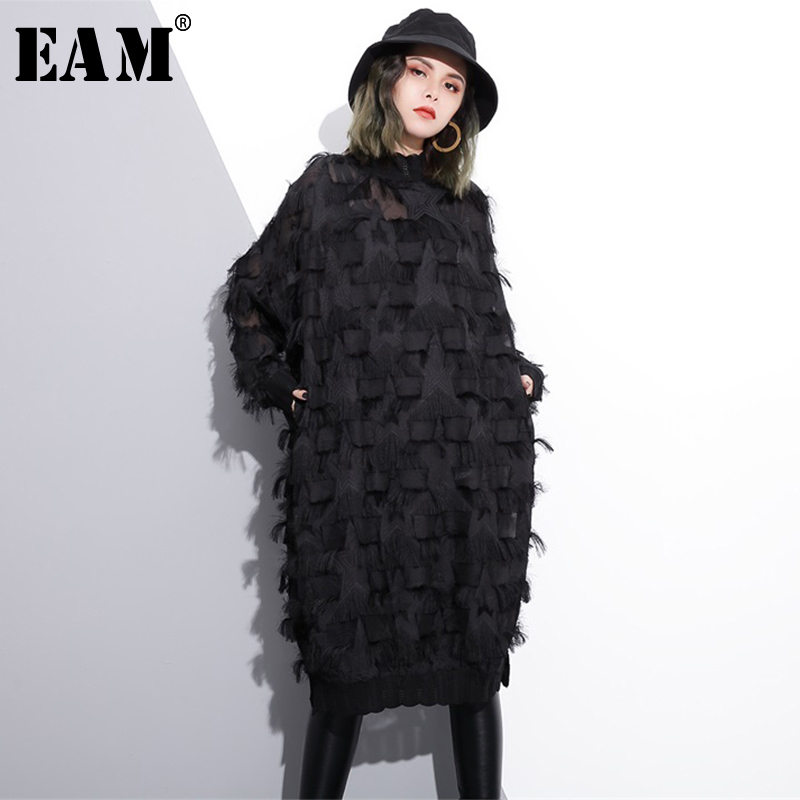 

EAM 2021 New Spring Autumn Stand Collar Long Sleeve Perspective Black Loose Tassels Big Size Dress Women Fashion Tide JI780
