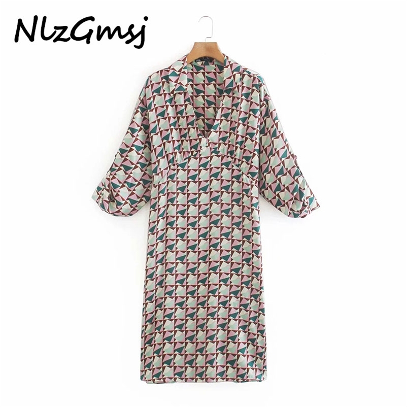 

Women Chic Fashion Geometric Print Loose Midi Dress Vintage Long Sleeve Side Vents Female Dresses Vestidos Mujer 210628, As picture