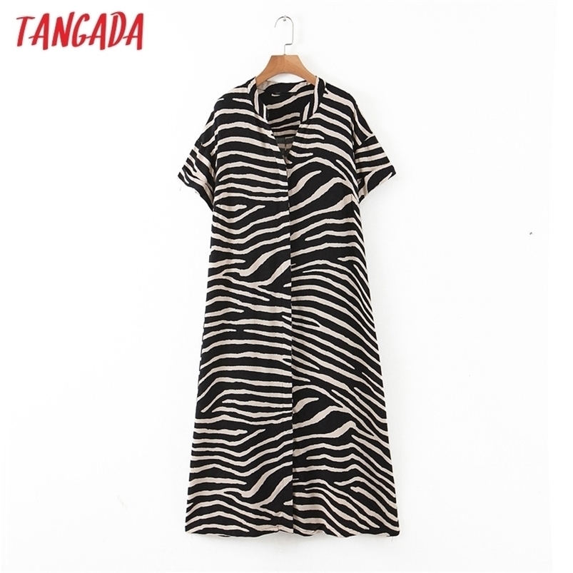 

Tangada fashion women animal print summer dress loose short sleeve ladies midi HY225 210701, Black