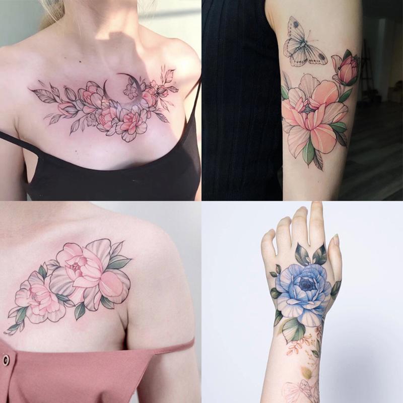 

Temporary Tattoos 9pcs Beautiful Color Chest And Shoulder Tattoo Flower Stickers Waterproof Female Durable Simulation Sexy Cute Korean Japa
