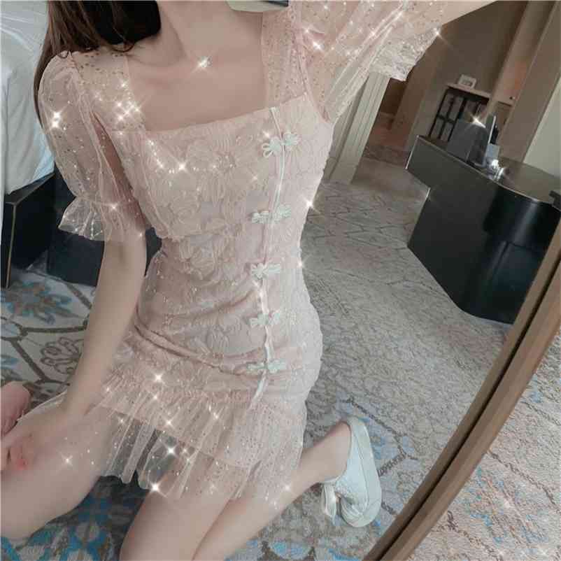 

Elegant Vintage Dress Women Puff Sleeve Lace Chiffon Casual Korean Japan Style Kawaii French Summer 210519, Blue