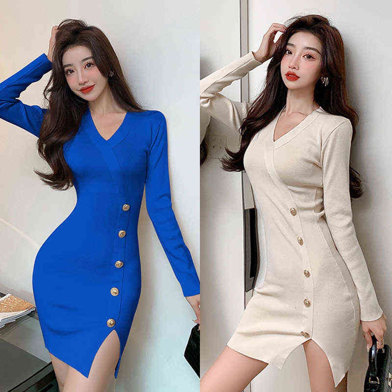 Casual Dresses V-neck Slim Knit Dresses French Elegant Balman Small Black Skirt-image-754281355