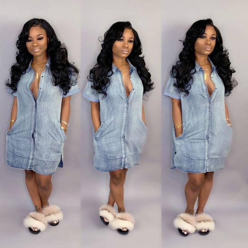 

pure women shirt dress summer fashion short sleeve denim womens dress jeans cardigan streetwear womens apparel, Black;gray