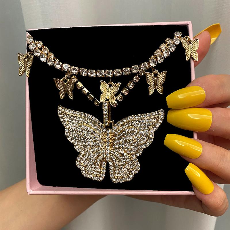 

Multilayer Shiny Big Butterfly Pendant Necklace For Women Gold Silver Color Crystal Tennis Chain Trendy Party Jewelry Necklaces