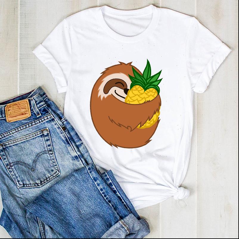 

women lady womens sloth summer pineapple fruit cartoon ladies t tee female shirt clothes graphic clothing, White