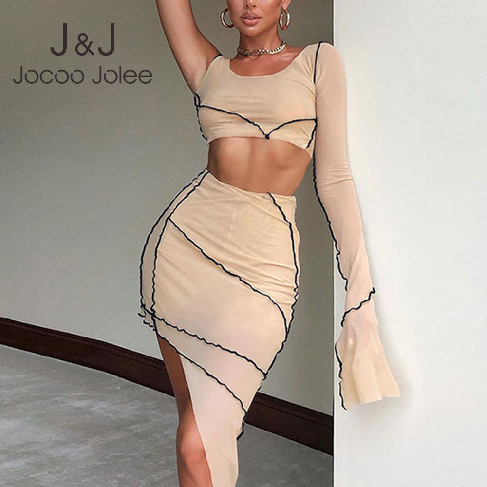 

Jocoo Jolee Women Personality Single-Sleeved Irregular Split Spring Mesh Cropped Top Club Party Skirt Two Piece Set 210518, Apricot