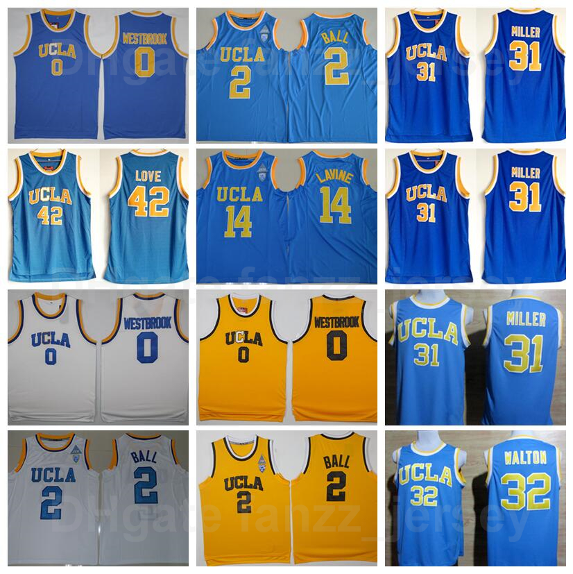 

NCAA Basketball UCLA Bruins College Jersey 42 Kevin Love 14 Zach LaVine Russell Westbrook 0 Reggie Miller 31 Bill Walton 32 Lonzo Ball 2 University Blue White Yellow, 0 yellow