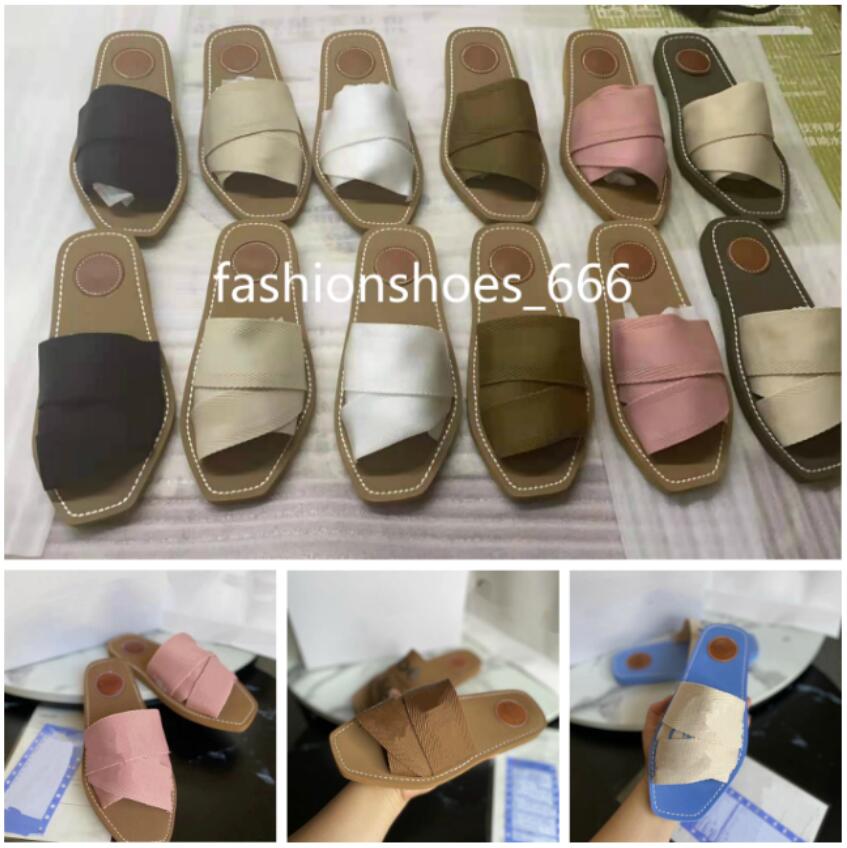 

2021 Newest Branded Women Sandals Woody Mules Fflat Slipper Deisgner Lady Lettering Fabric Outdoor Leather Sole Slide Flip Flops 7color Shoes, White