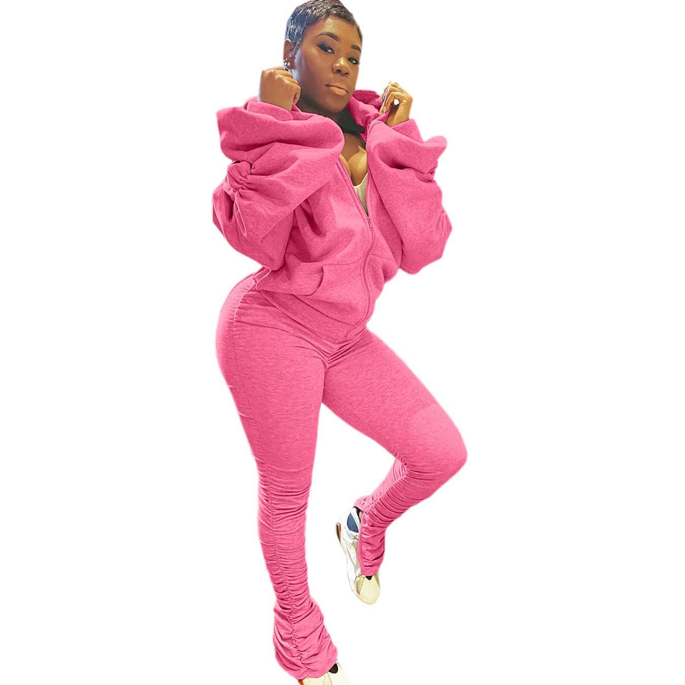 

Women' Set Tracksuits Open Back Hooded Puff Sleeve Tops Stacked Slit Pants Suit Active Wear Tracksuit Two Piece Sets Fitness Outfit 3XL, Ponk