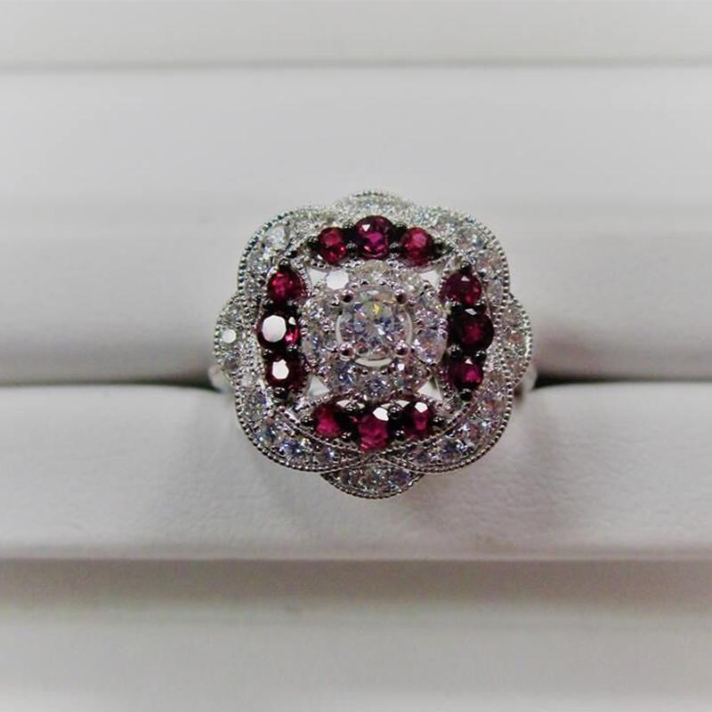 

Wedding Rings Luxury S925 Silver For Women Charms Flower Ring Round White/Garnet Colors Stone Bridal Engagement Jewelry Gifts