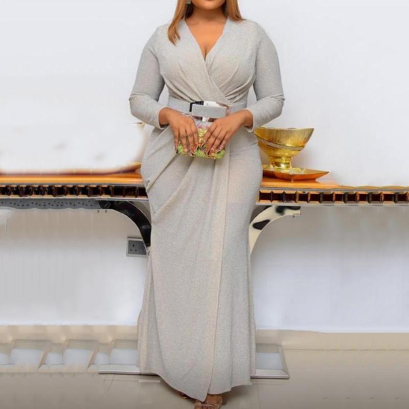 Robes grande taille longue robe élégante femmes fête de mariage paillettes africaines brillant automne col en V femme chic soirée Maxi formel