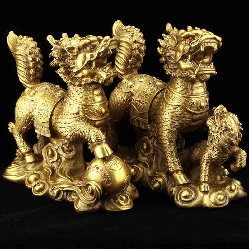 

Copper auspicious cloud playing with beads brass Unicorn ornaments a pair of home decoration craft gifts