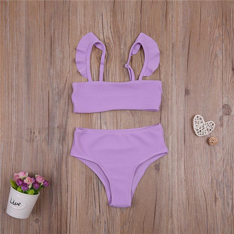 

Girls Solid Color Split Swimsuit Set Sleeveless Backless Low Cut Bikini With Ruffles + Panties For Summer Clothing Sets, Purple