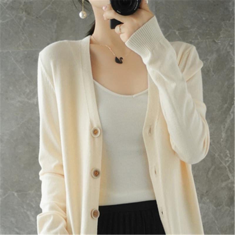 

Women's Knits & Tees Korean Fashion Women V Neck Medium Length Cardigan Single-breasted Loose Wool Sweater Minimalist Soft Knit Jacket Multi, White