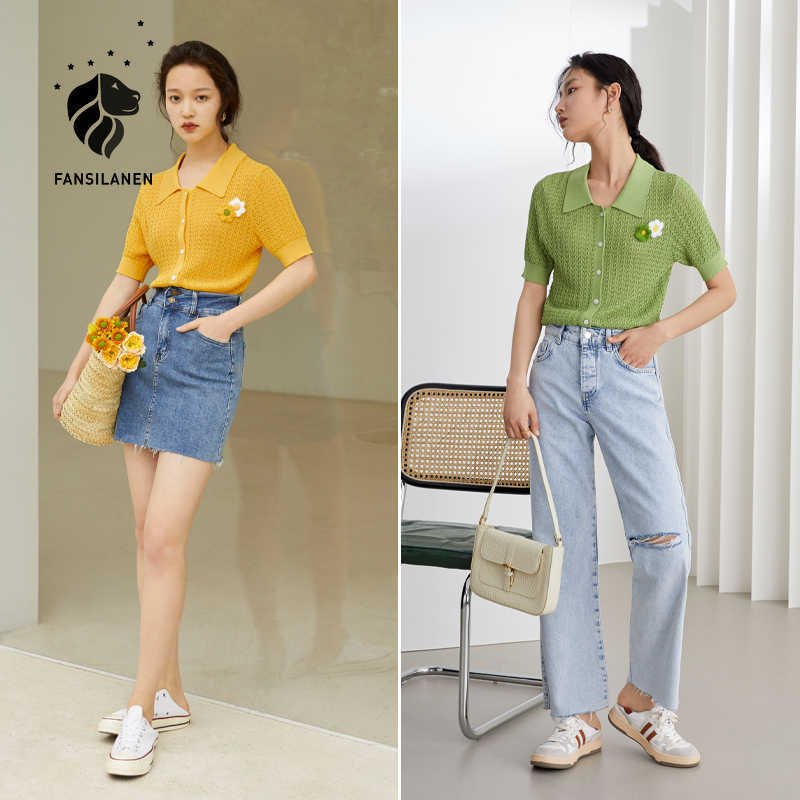

FANSILANEN Office Lady Hollow Knit Cardigan Thin Section Women Summer Short Sleeve POLO Collar Yellow Green T-shirt 210607