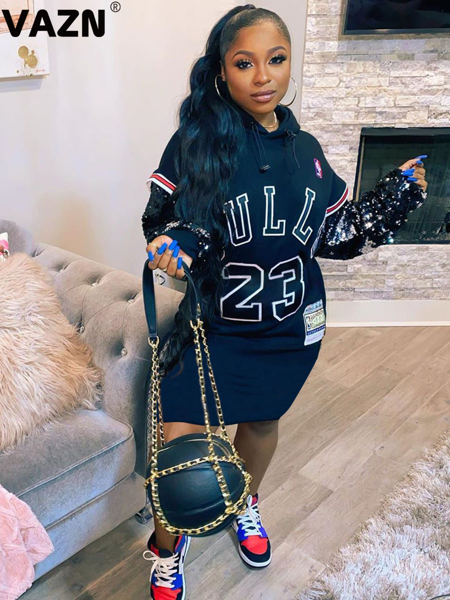 

2021vazn 2021 plus size black heavy industry sequined daily hooded full sleeve women straight midi dress, Black;gray