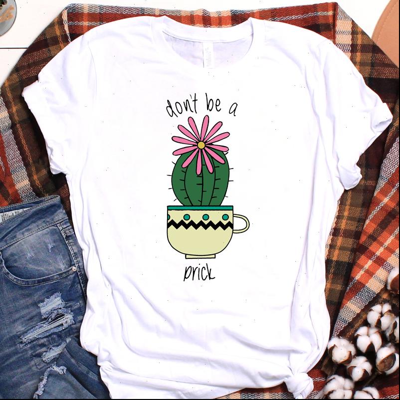 

cactus floral printed short sleeve womens t shirts loose clothes graphic, White
