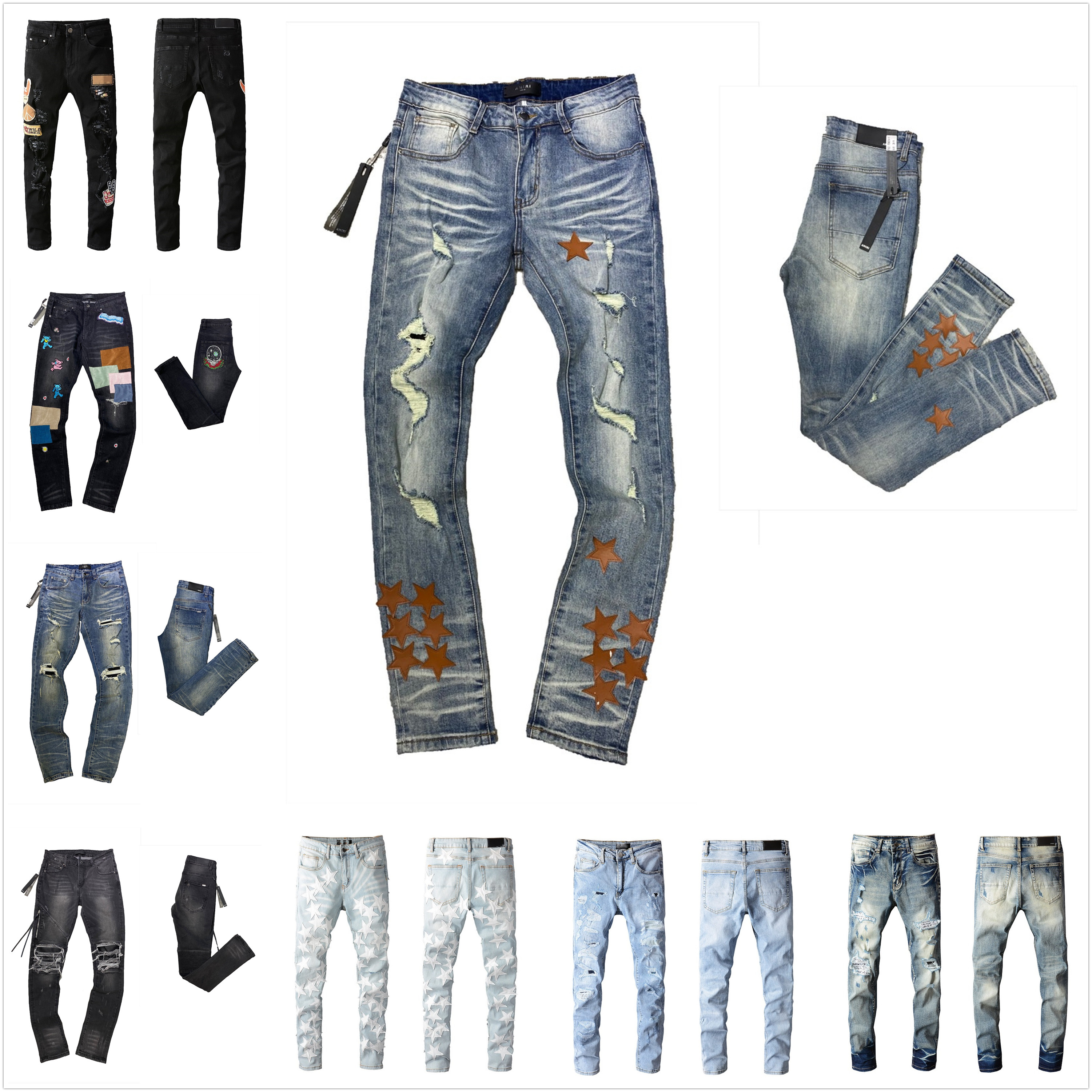 

Men Designer Jeans Distressed Ripped Biker Slim Fit Motorcycle Denim For Mens Top Quality Fashion jean Men's Pants 0102, Blue