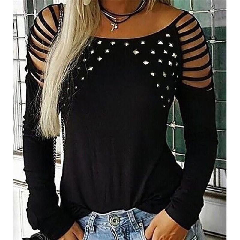 

Women' Blouses & Shirts Women Rivet Sequins Cold Shoulder Fashion Ladies Long Sleeve Pullover Tops Streetwear Slash Neck Plain, Black