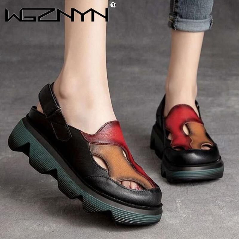 

Sandals 2021 Summer Thick Bottom High Flat Platform For Women Genuine PU Leather Fashion Outdoor Wedges Peep Toe, Black