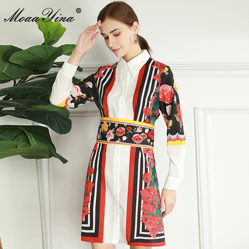 

Fashion Designer Spring Elegant Shirt Dress Women Long sleeve Sashes Vintage Stripe Floral Print Loose Dresses 210524, Multi