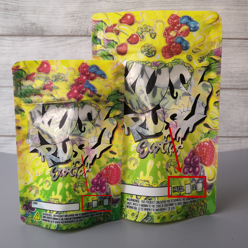 

New size Kush Rush exotics Bags resealable zipper seal for freshness Childproof flowers packing 3.5g or 7g mylar bags KUSH RUSH mylar bags