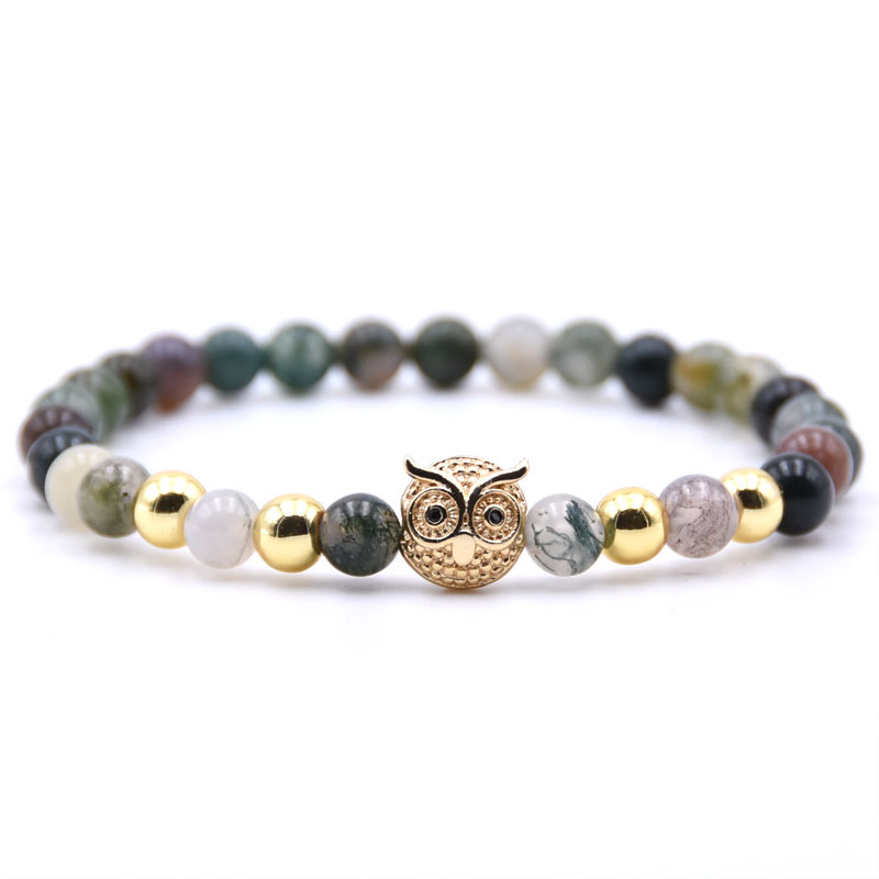 

Fancy 18K Gold Plated Micro Pave Crown Skull Animal Charm Bracelet Colorful 6MM Natural Agate Strands Elastic Bracelets