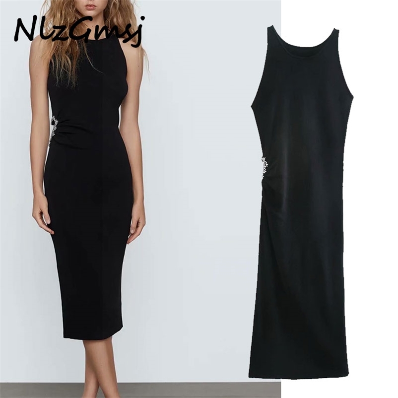 

Dres Chic Fashion Artificial Gem Setting Knitted Midi Vintage Sleeveless Female es Vestidos 210628, As picture