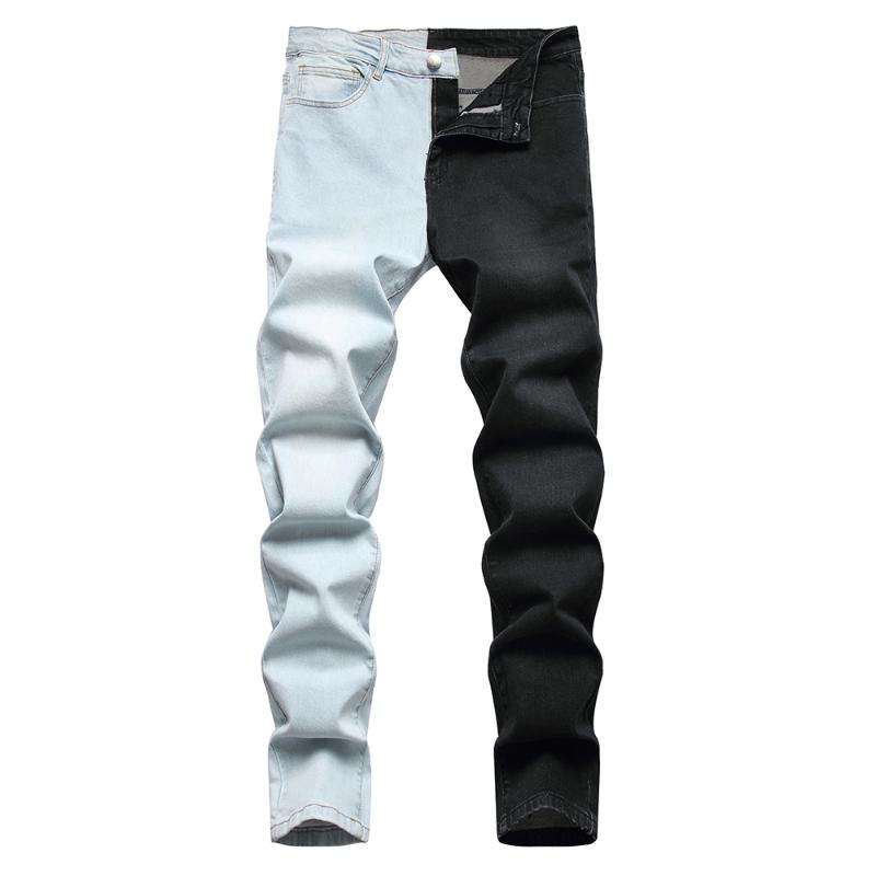 

Men's Jeans Spliced Patchwork Light Blue Black Trendy Streetwear Slim Straight Stretch Denim Pants Trousers