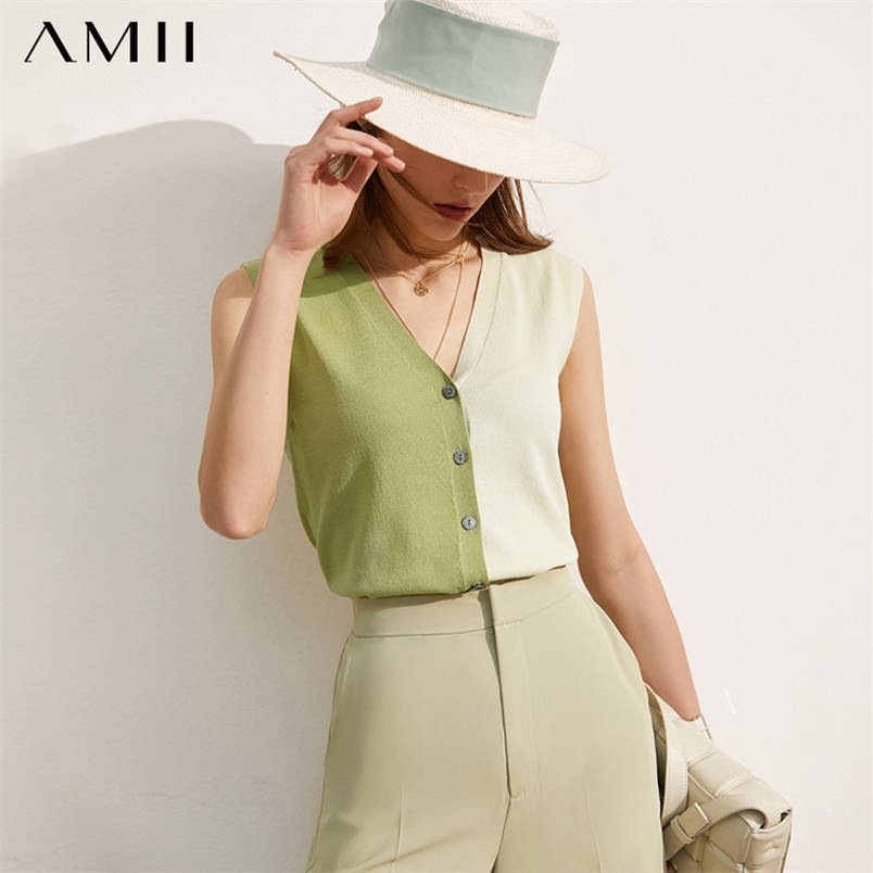 

Minimalism Spring Summer Women's Tanks Tops Fashion Patchwork Vneck sleeveless Slim Fit Women Knitted 12140129 210527, Purple