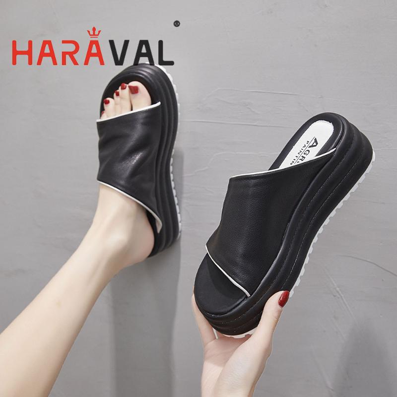 

Slippers HARAVAL Women Slides Shoes Thick Heels Bottom Summer Elegant Solid Outside White Black Genuine Leather Spring Autumn B255
