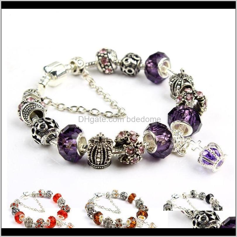 

drop delivery 2021 charm 925 sier pandora bracelets for women royal crown bracelet purple crystal beads diy jewelry with custom logo jvtin, Golden;silver