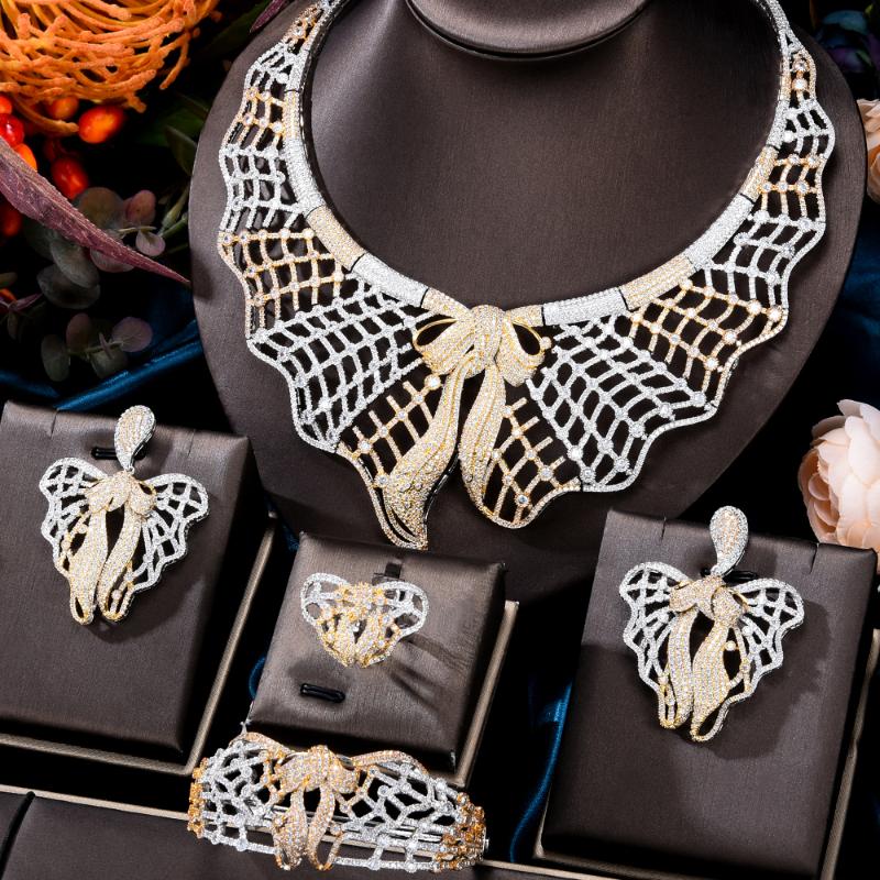

Earrings & Necklace GODKI Lovely Bowknots 4PCS African Bridal Zirconia CZ Jewelry Sets For Women Wedding Dubai Nigeria Crystal Party Set, Silver