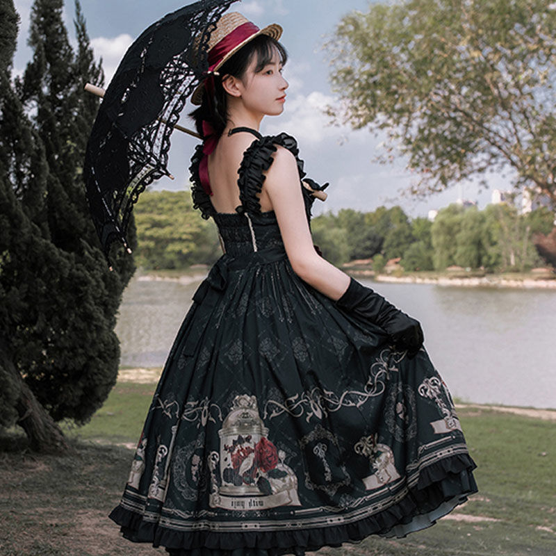

Vintage Princess Party Dress Lolita JSK Gothic Style Dark Victorian Sleeveless Nightingale And Rose Jsk 210517, Black