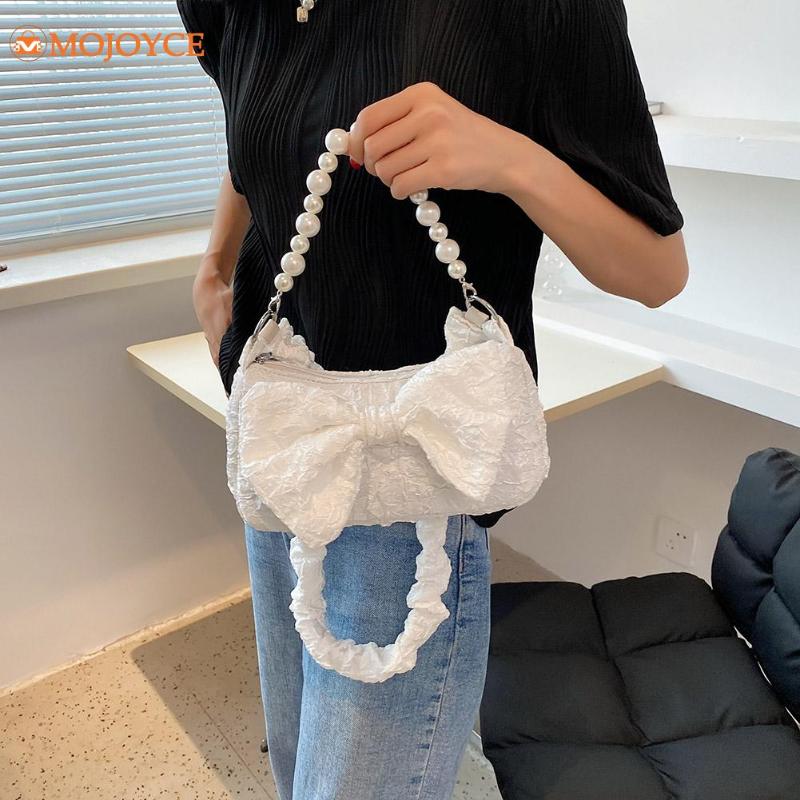 

Shoulder Bags Unique Designer Women's Bag Trend 2021 Bowknot Pleated Solid Color Underarm Casual Ladies Pearl Chain Handbag Purse, White a