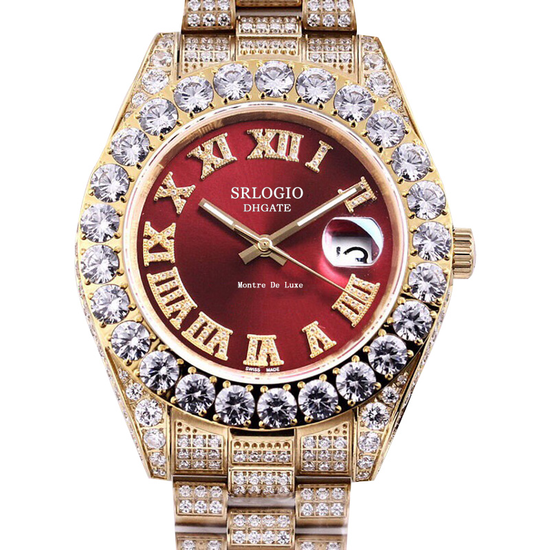 

Full Diamonds Fashion Mens Watch Automatic Mechanical Watches Oyster Perpetual 43mm Diamond Bezel Waterproof Sapphire WristWatches Montre De Luxe Red, Box