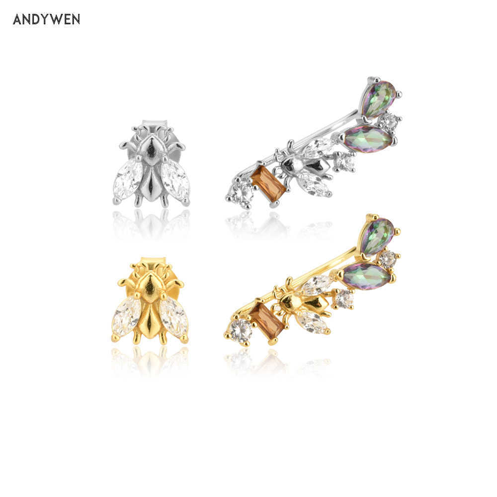 

ANDYWEN 925 Sterling Silver Gold Long Rainbow Bees Climber Earring Piercing Irregular Pin Rock Punk Fashion Jewelry 210608
