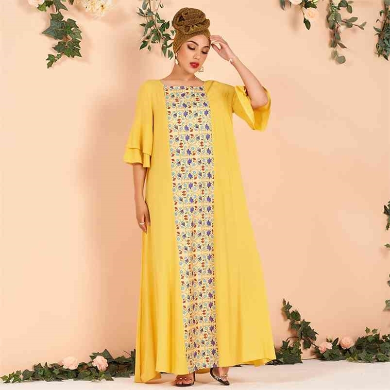 

Summer products ladies fashion and elegant lotus leaf sleeve flower vine print color matching loose large size rayon dress 210701, Yellow